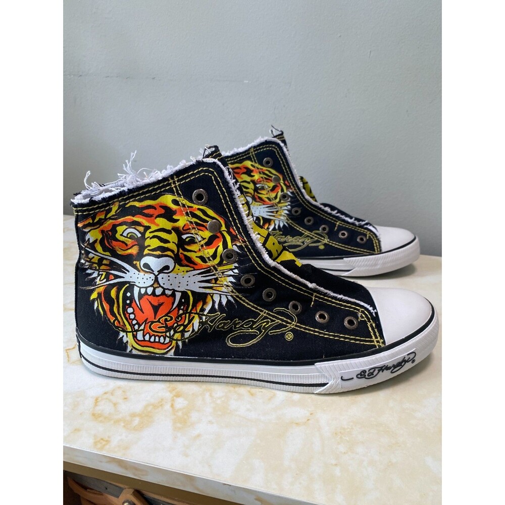 Vintage Y2K Retro Ed Hardy Tiger Men 10 Black Canvas High Top Laceless Sneakers